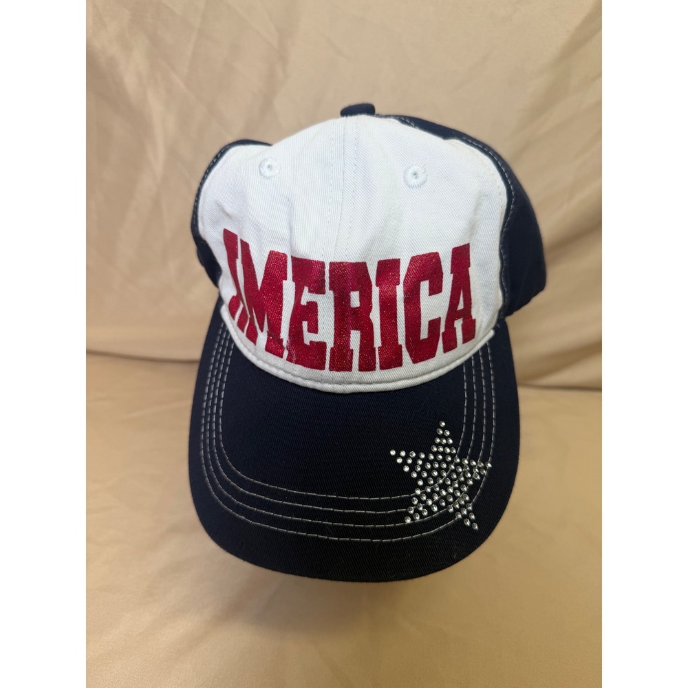 Pugs America Baseball Cap Navy Blue White Red Rhinestone Star Adjustable Hat